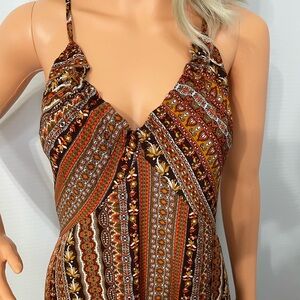 Boho Maxi Dress XL – Multicolor Geometric Print, Crisscross Back, Slit Detail